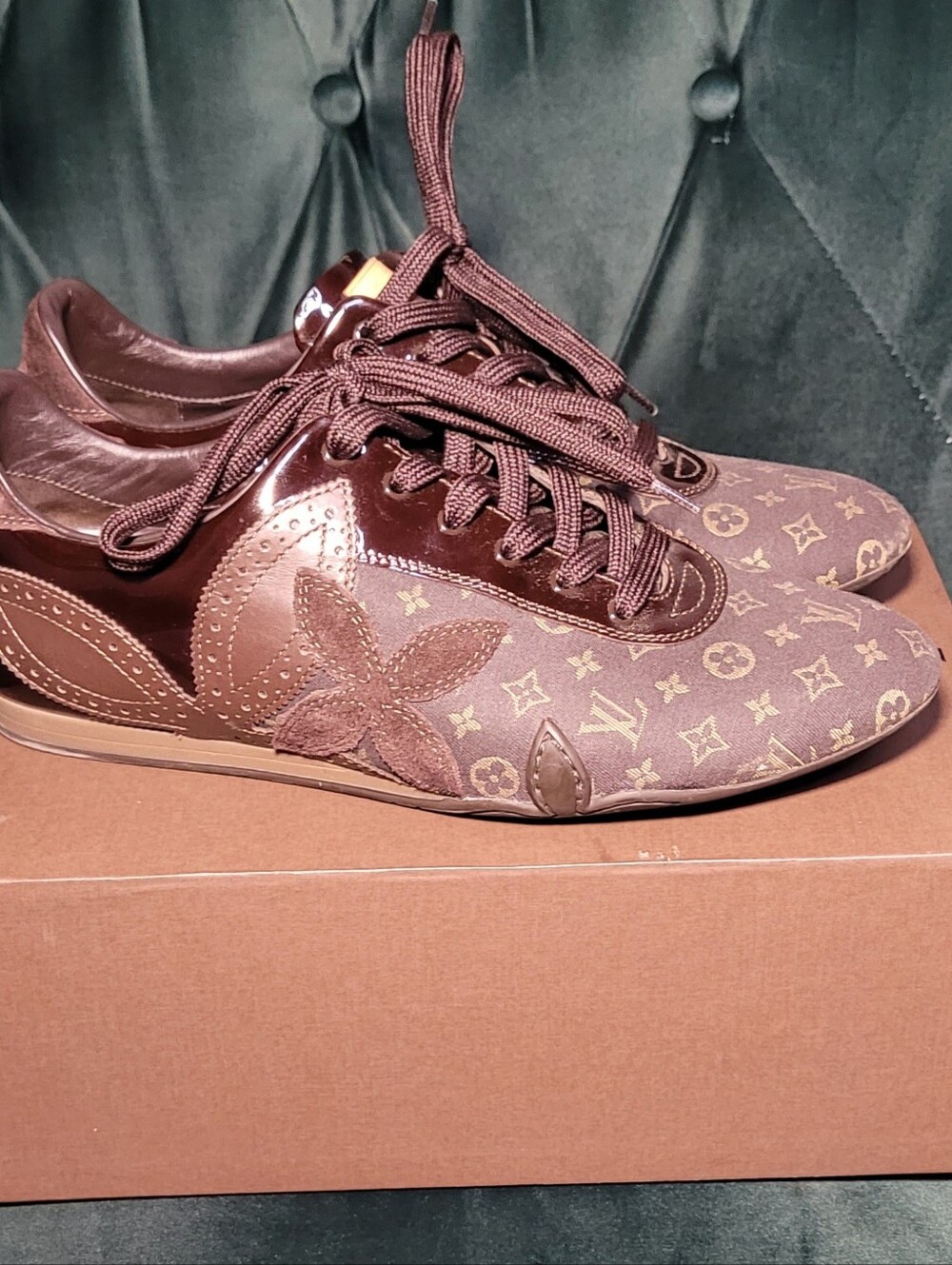 Louis Vuitton Brown Monogram Patent-Trim Sneakers - Picture 2 of 8